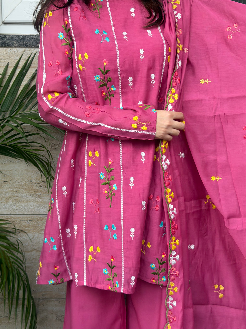 Pink Embroidered Mul Chanderi Cotton 3-Piece Suit Set