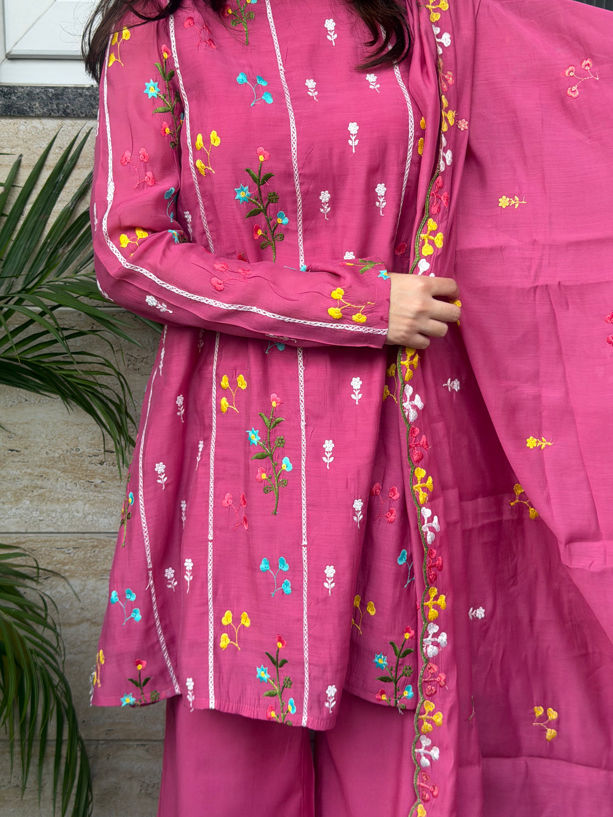 Pink Embroidered Mul Chanderi Cotton 3-Piece Suit Set