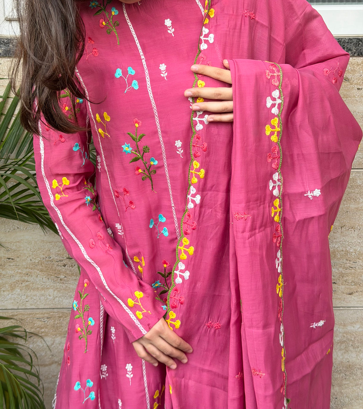 Pink Embroidered Mul Chanderi Cotton 3-Piece Suit Set