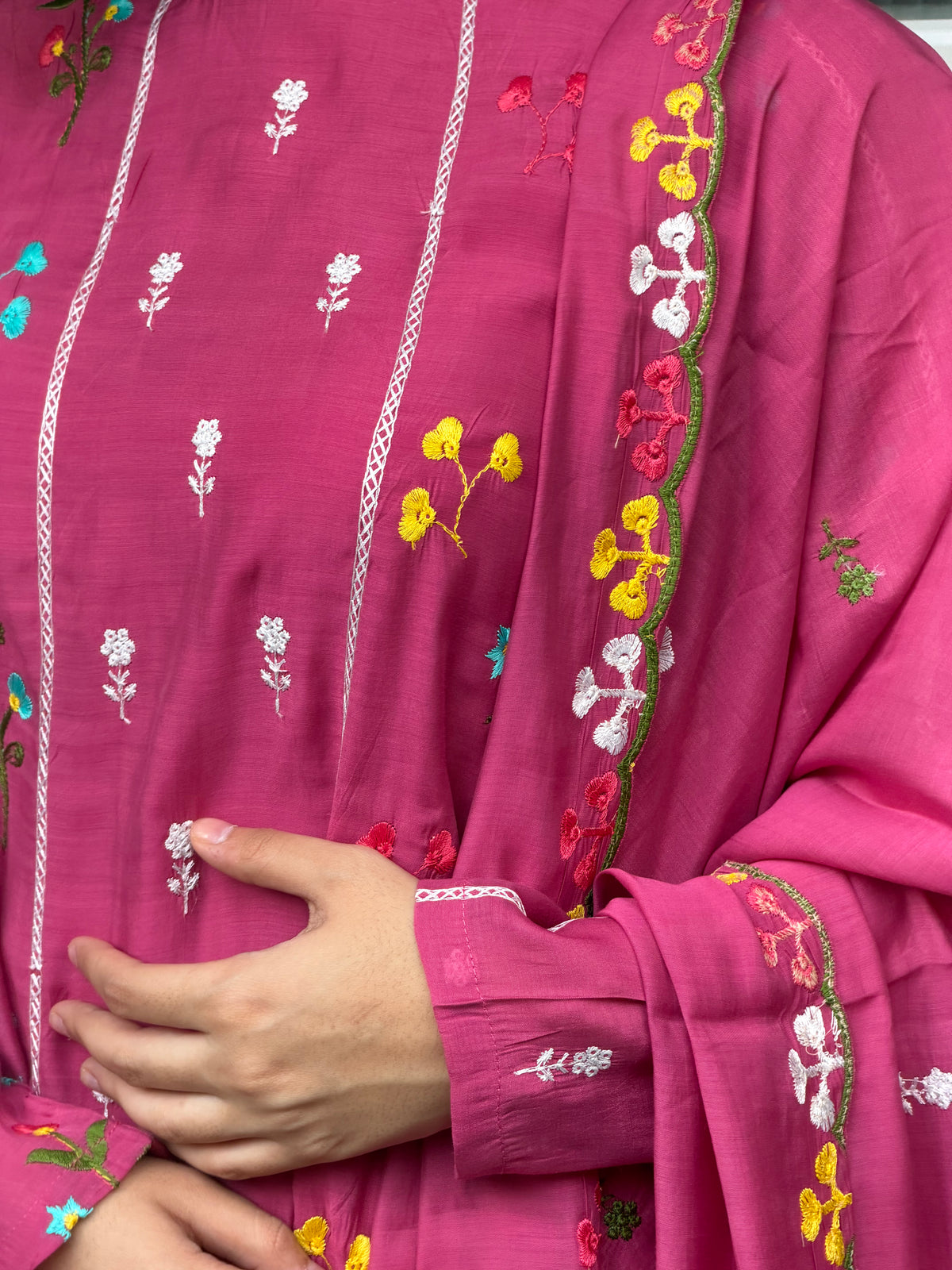 Pink Embroidered Mul Chanderi Cotton 3-Piece Suit Set