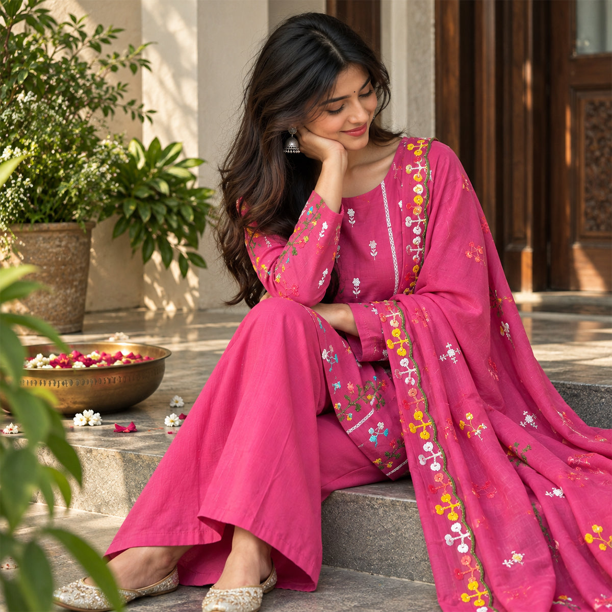 Pink Embroidered Mul Chanderi Cotton 3-Piece Suit Set