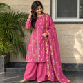 Pink Embroidered Mul Chanderi Cotton 3-Piece Suit Set