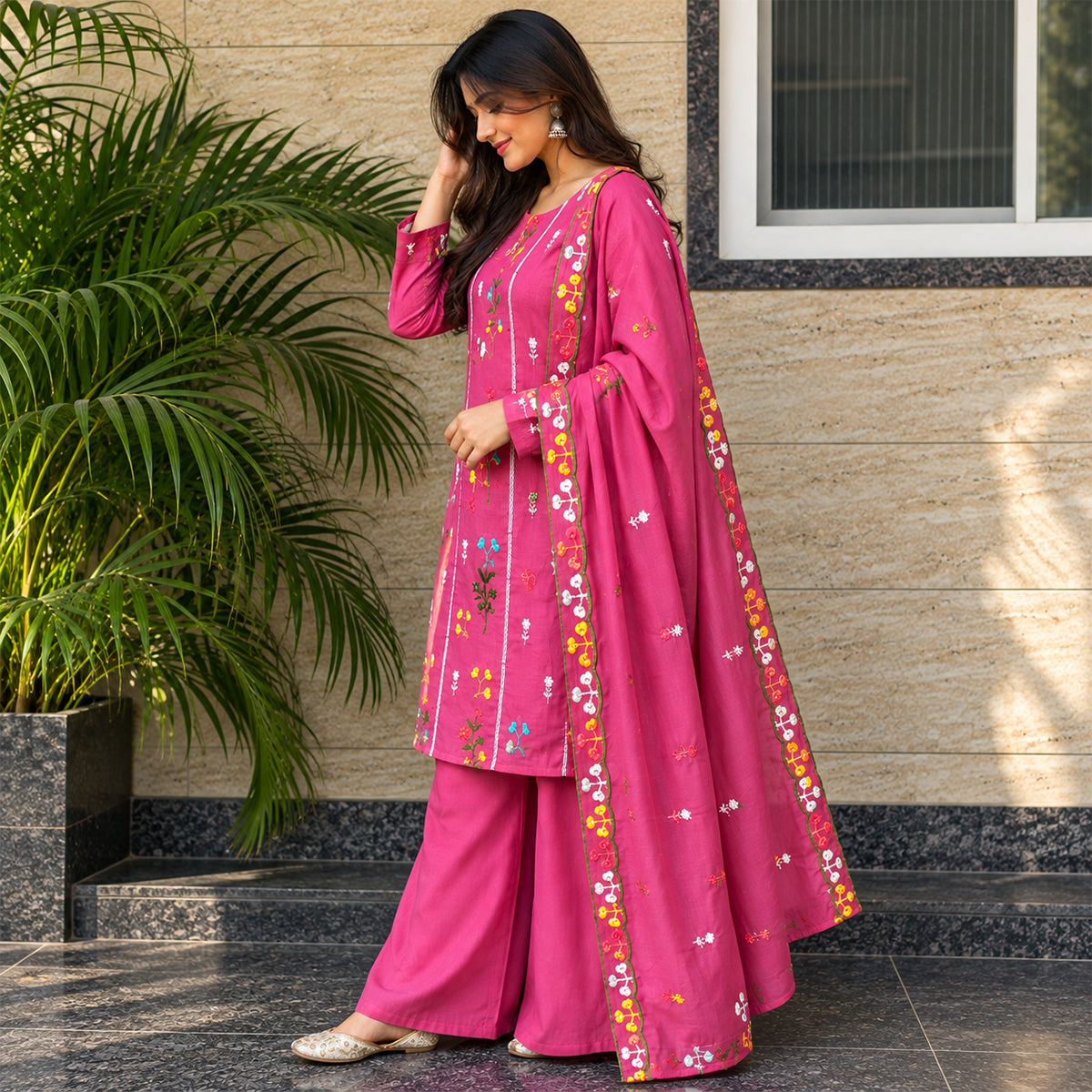 Pink Embroidered Mul Chanderi Cotton 3-Piece Suit Set